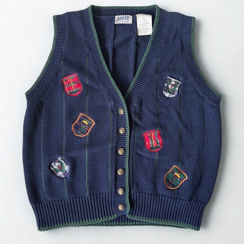Vintage Line-Up Golf Sweater Vest Womens Small Navy Green Cotton Preppy Golfcore